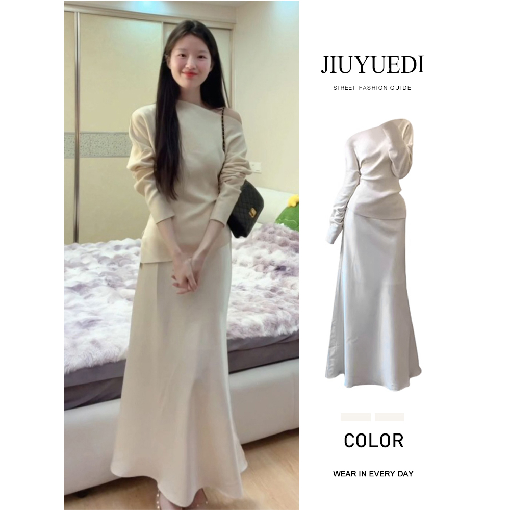 JIUYUEDI九月底法式温柔露肩设计感针织衫缎面鱼尾半身长裙两件套