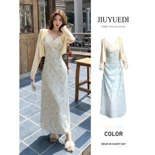 纯欲风两件套 JIUYUEDI九月底蕾丝拼接碎花v领吊带连衣裙黄色开衫