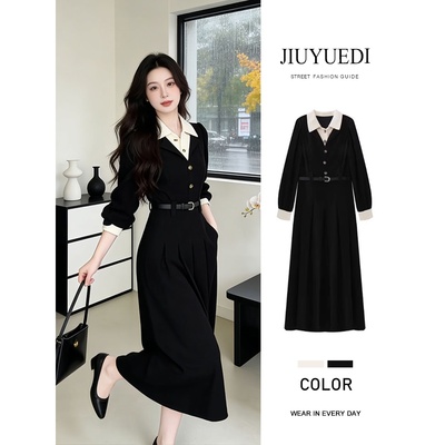 JIUYUEDI九月底法式黑色假两件收腰连衣裙女春秋季得体大方长裙