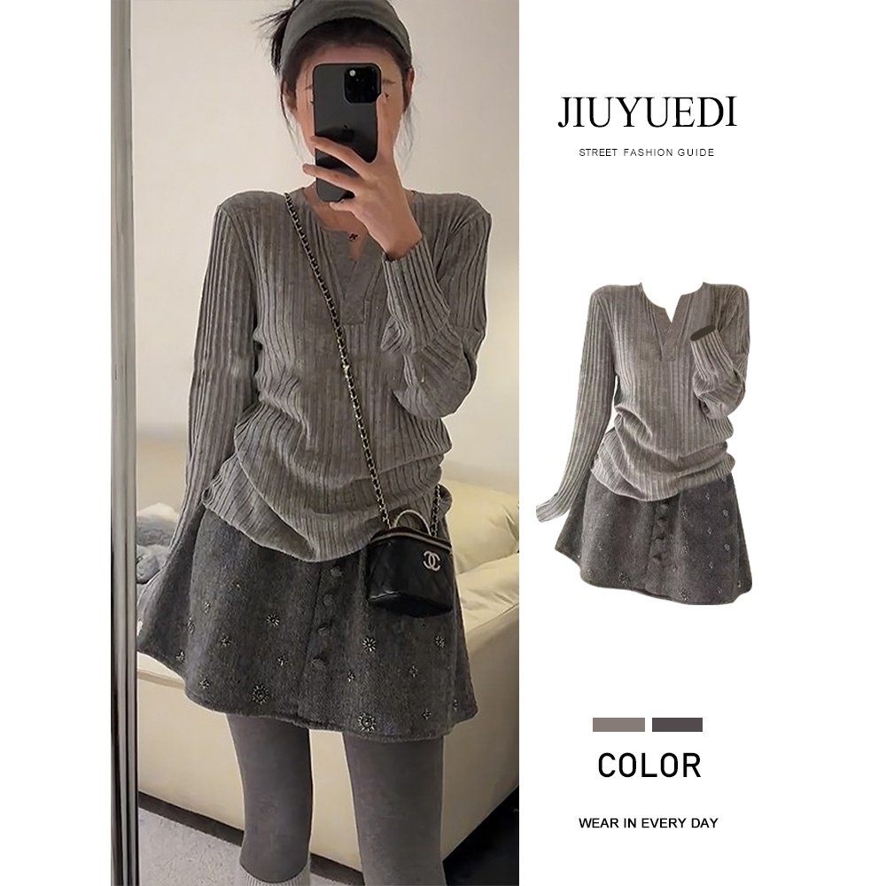 JIUYUEDI九月底韩系灰V领针织衫钉珠短裙女冬季简约修身显瘦套装,女装/女士精品,时尚套装,淘宝优惠券,粉丝福利购,淘宝优惠卷