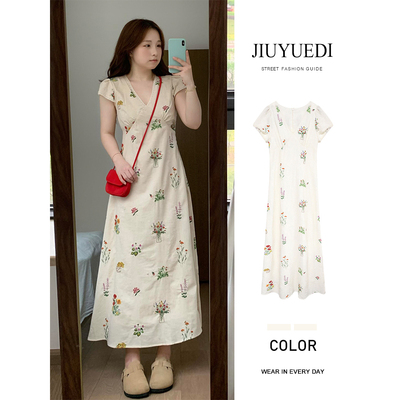 JIUYUEDI九月底韩系亚麻花朵V领短袖碎花连衣裙女夏日绝美小裙子