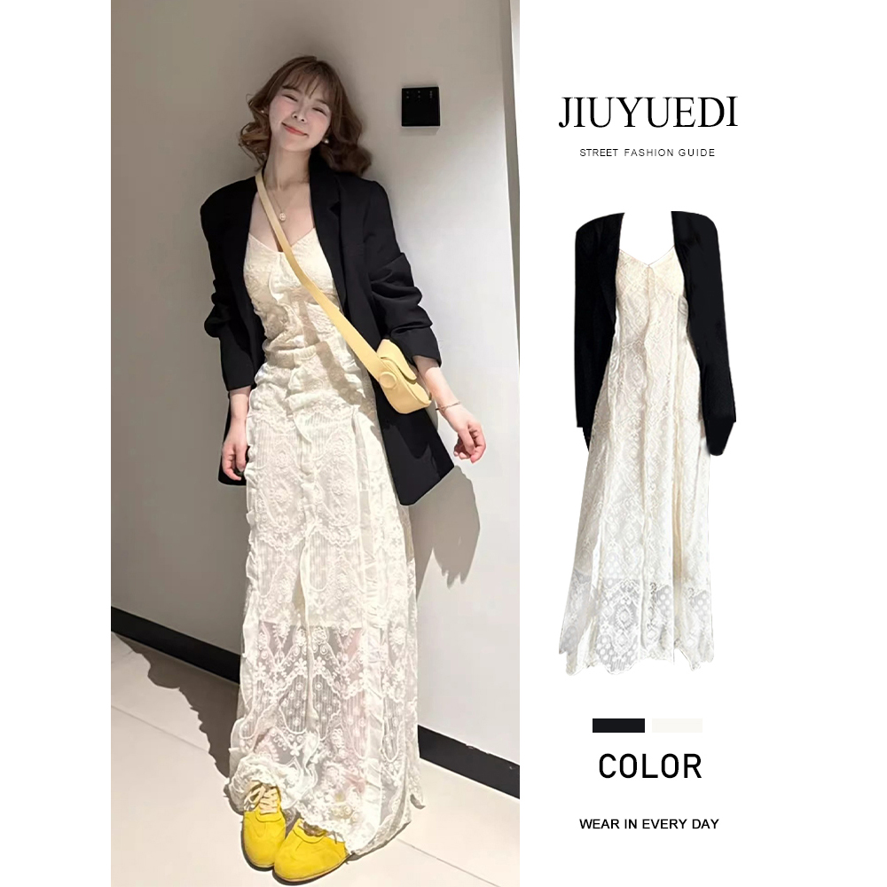 JIUYUEDI九月底温柔风白色蕾丝吊带连衣裙西装外套秋季气质套装