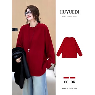 JIUYUEDI九月底韩系红圆领长袖开叉下摆毛衣女秋冬通勤套头上衣
