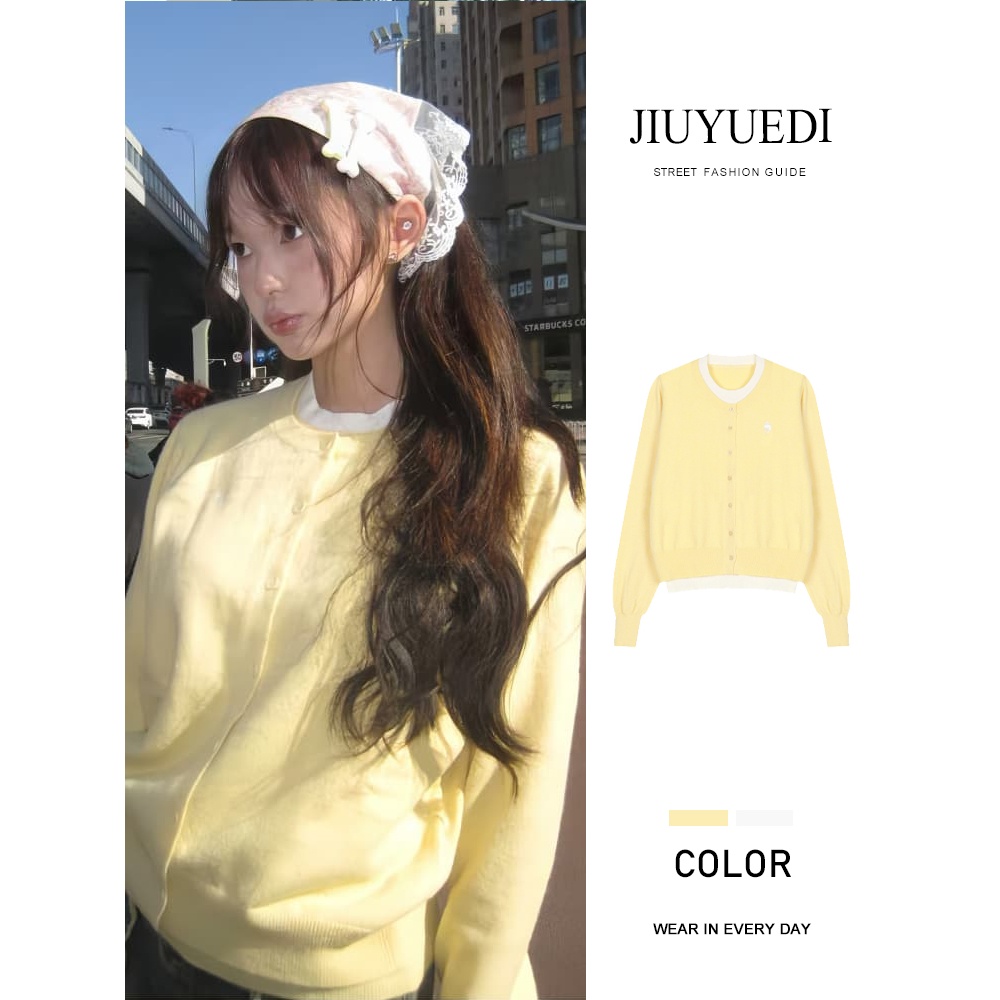JIUYUEDI九月底软糯慵懒奶黄色假两件针织开衫女修身显瘦毛衣外套