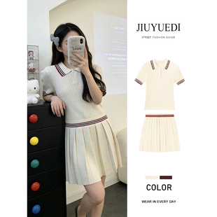 JIUYUEDI九月底学院风针织短袖百褶半身裙两件套女夏季减龄套装