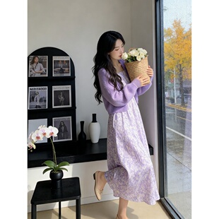 JIUYUEDI九月底韩系紫色碎花连衣裙针织开衫女春秋气质减龄套装