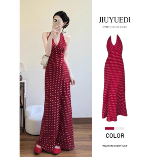 JIUYUEDI九月底海边度假风红色挂脖波点连衣裙显身材包臀鱼尾裙
