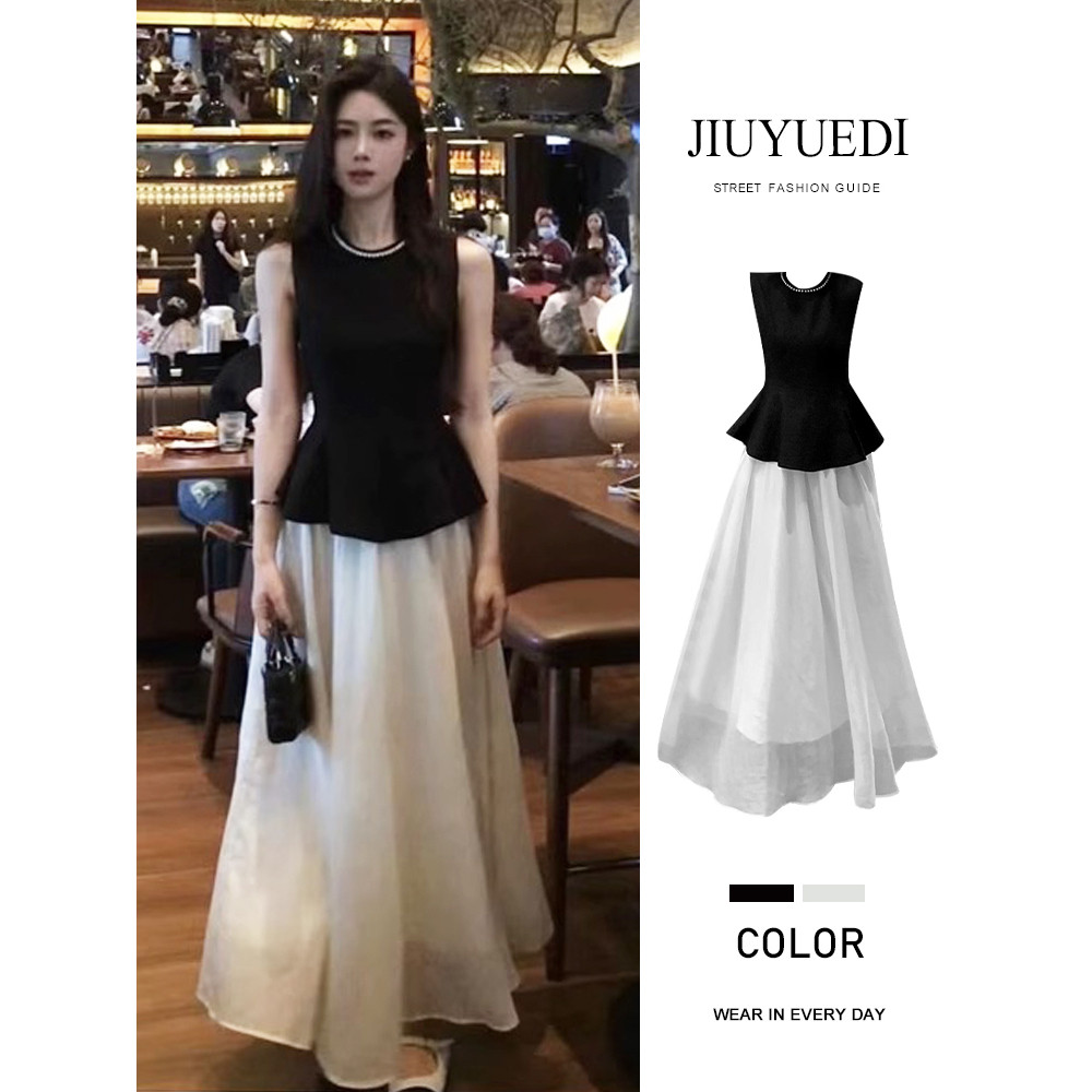 JIUYUEDI九月底法式小香风珍珠领无袖上衣高腰半身裙显瘦两件套女,女装/女士精品,时尚套装,淘宝优惠券,粉丝福利购,淘宝优惠卷