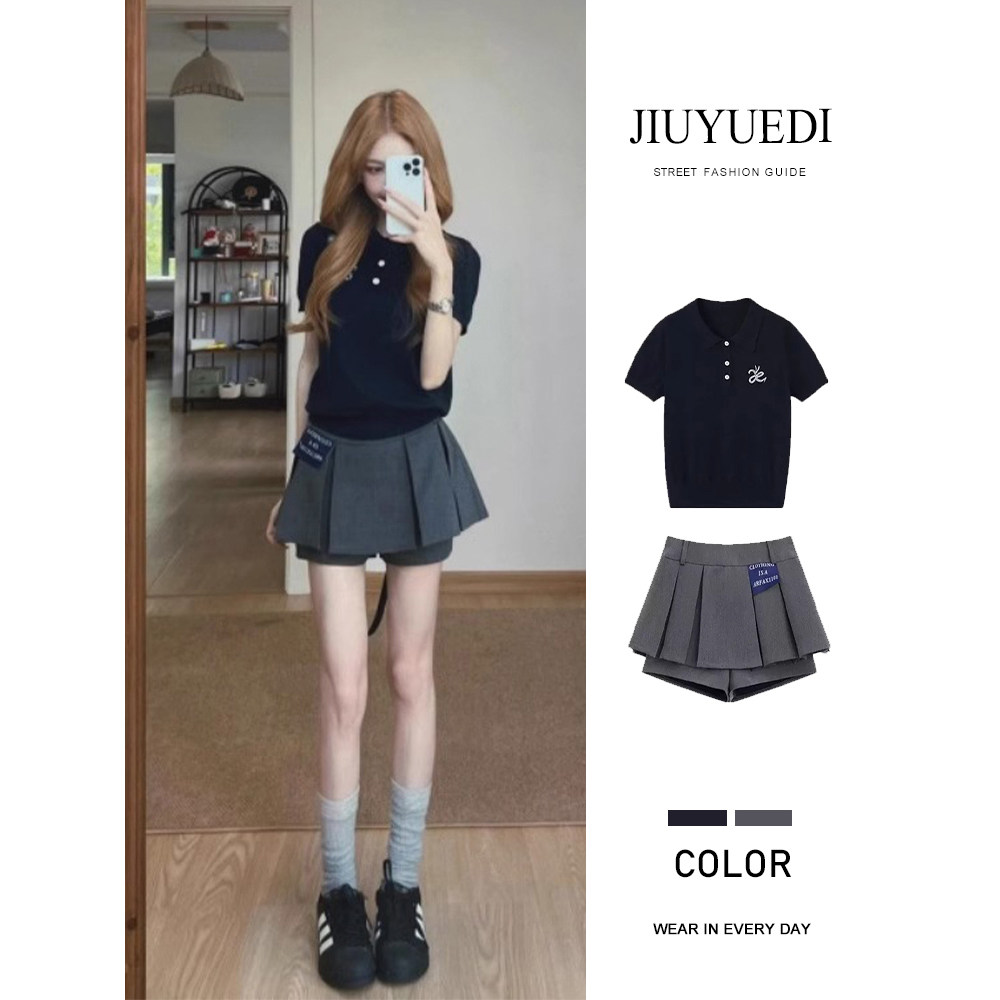 JIUYUEDI九月底韩系学院风polo领短袖上衣灰色百褶短裙休闲套装,女装/女士精品,时尚套装,淘宝优惠券,粉丝福利购,淘宝优惠卷