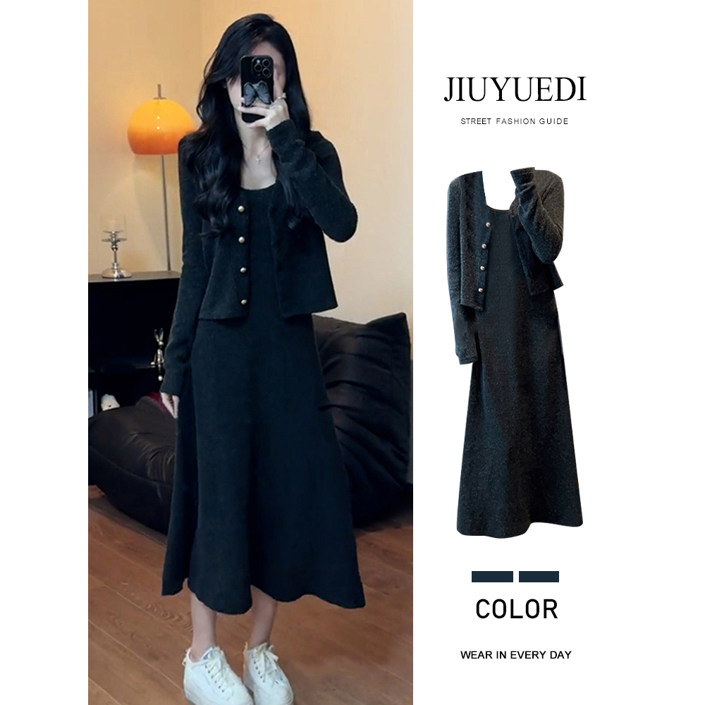 韩系小香风黑色针织开衫连衣裙