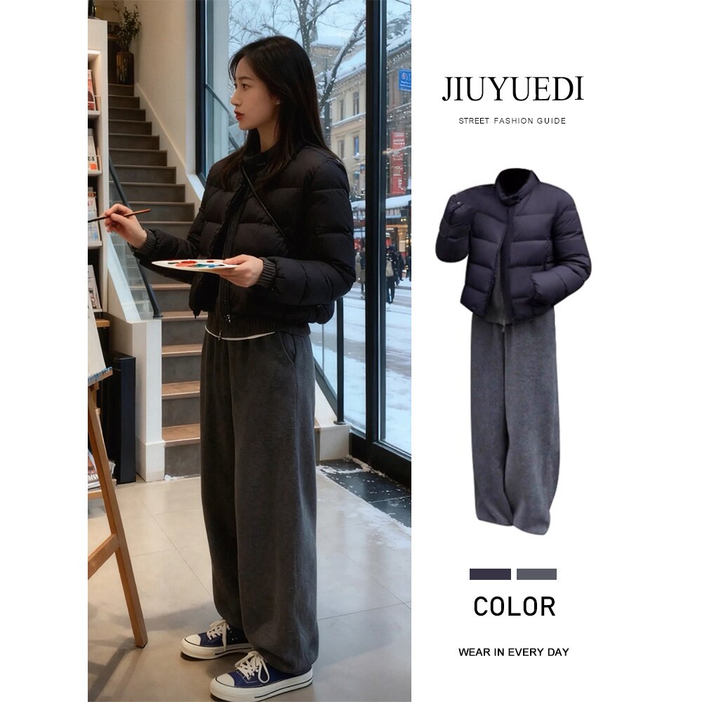 JIUYUEDI九月底黑色短款立领保暖面包服女秋冬新款排骨棉服外套