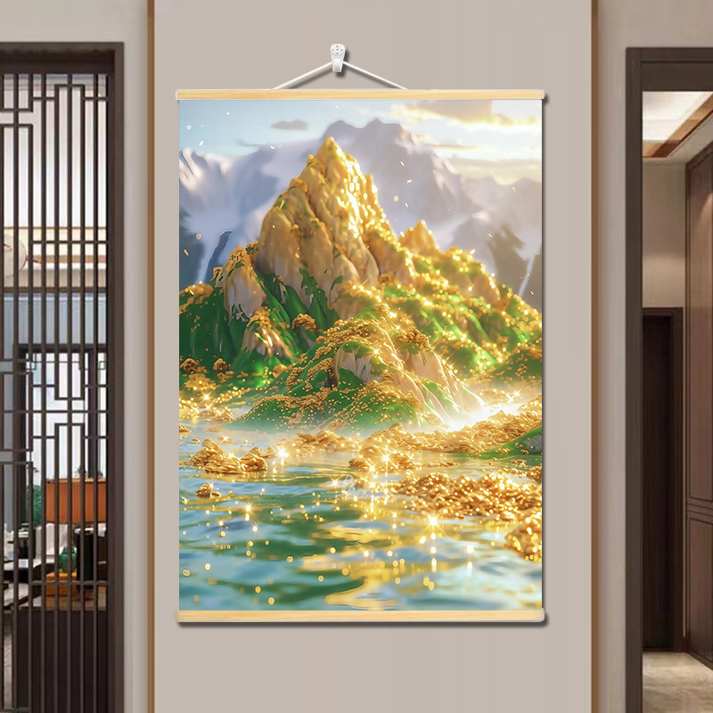 财源金山挂画  戊土庚金木轴装国画