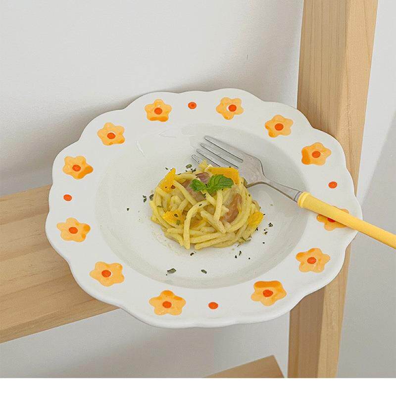 直销新款日式草帽盘深汤盘ins风商用陶瓷花朵意面盘高级感网红高