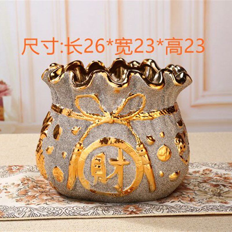 发财陶瓷花盆中布袋金色镀层