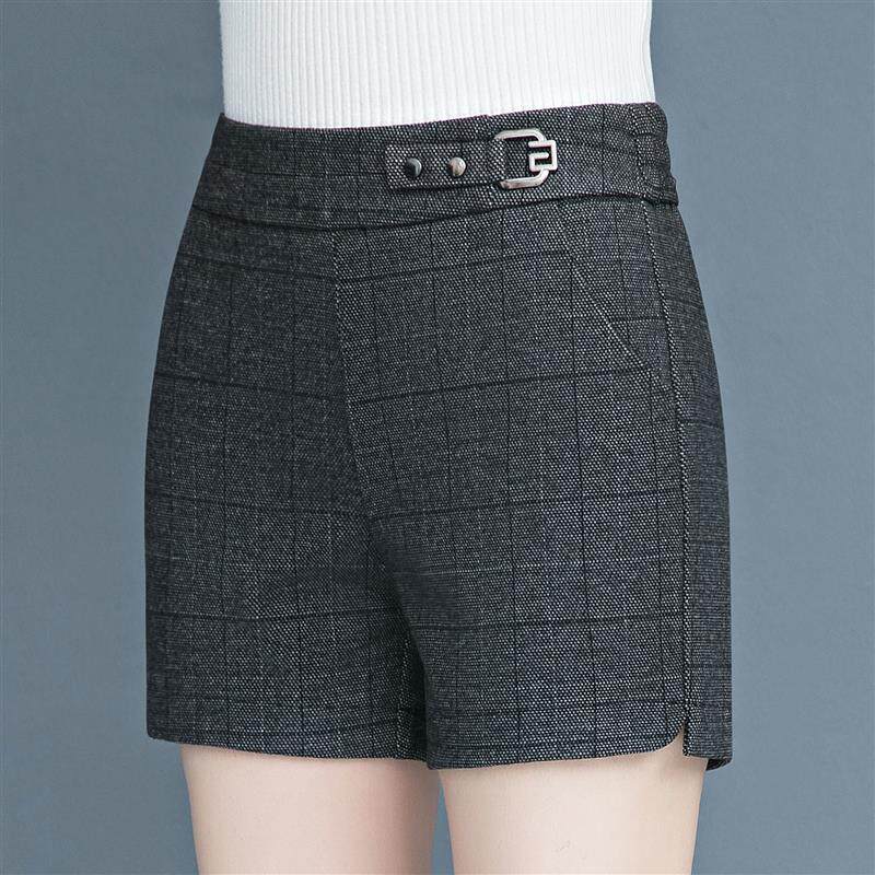秋冬款加厚格子毛呢短裤女外穿胖MM大码A字宽松阔腿格纹打底靴裤