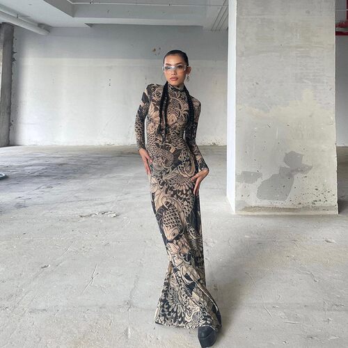 欧美风2026夏季新款时尚网纱印花透视高领修身显瘦连衣裙女