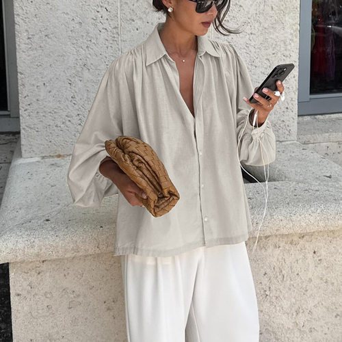 简约宽松女式衬衫2025春秋新款翻领长袖开衫衬衣气质通勤上衣