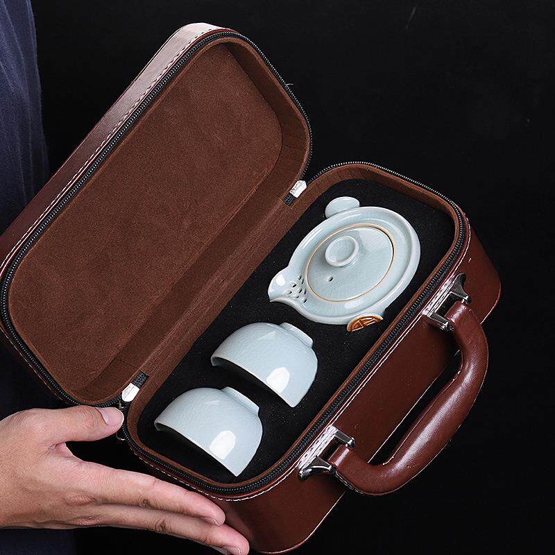 汝窑快客杯一壶二杯便携式茶具两人功夫泡茶壶茶杯旅行茶具小套装