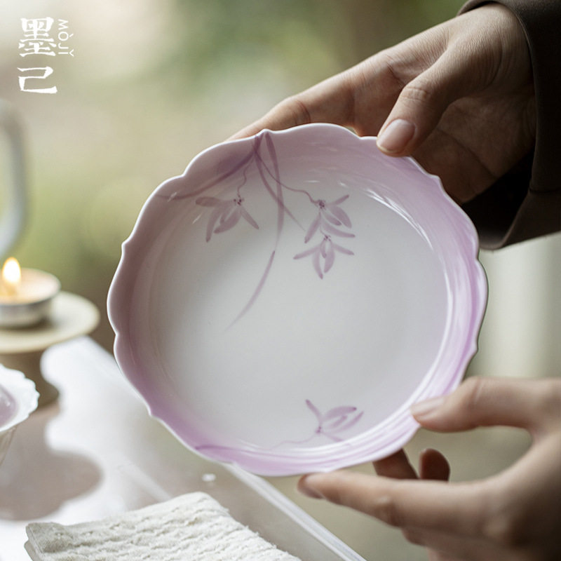 墨己玉泥白瓷渐变紫手绘兰花壶承茶道配件家用干泡盘多用茶点盘