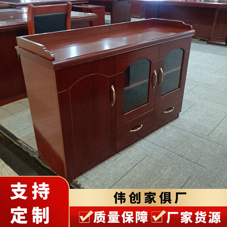 中式圆门茶水柜办公室会议室实木皮油漆墙边玻璃带抽屉落地柜