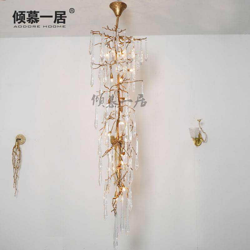 简约美式别墅酒店客房灯复式旋转楼梯吊灯客厅卧室灯全铜水晶灯具