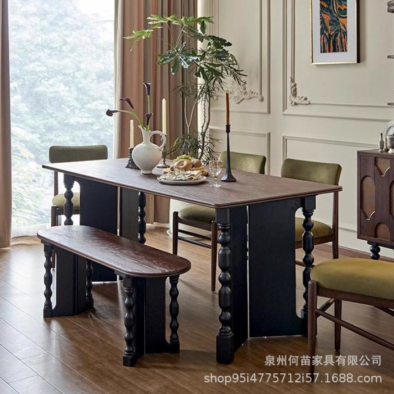 法式复古实木长方形餐桌家用中古风方桌饭桌多功能会议书桌餐厅