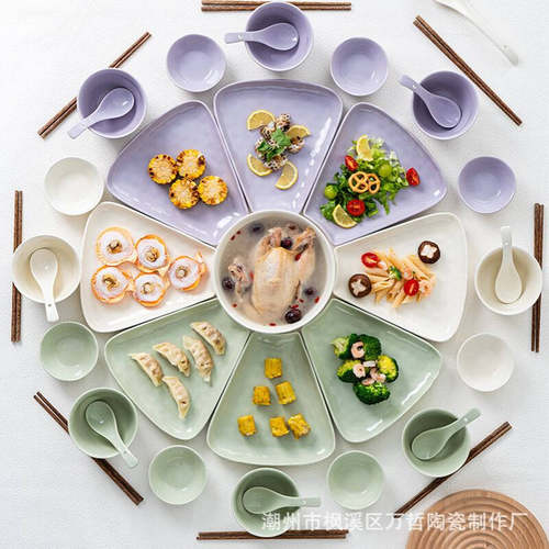 奶油风陶瓷扇形拼盘餐具组合过年聚会团圆盘子菜盘家用碗碟套装