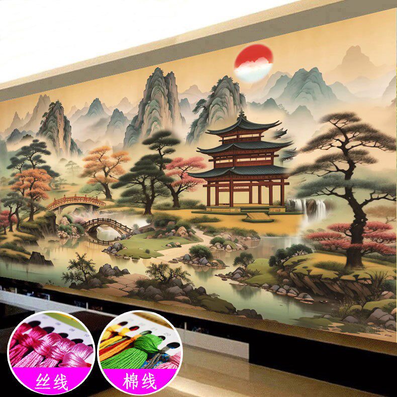 亭台楼阁十字绣2024新款中式线绣客厅山水画风景中国风手工自己绣