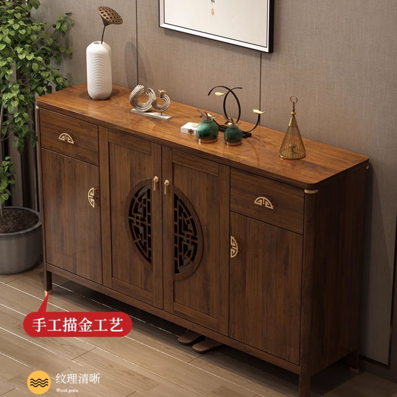 新中式鞋柜入户国风大容量多功能进实木色玄关柜一体隔断隔断玄关