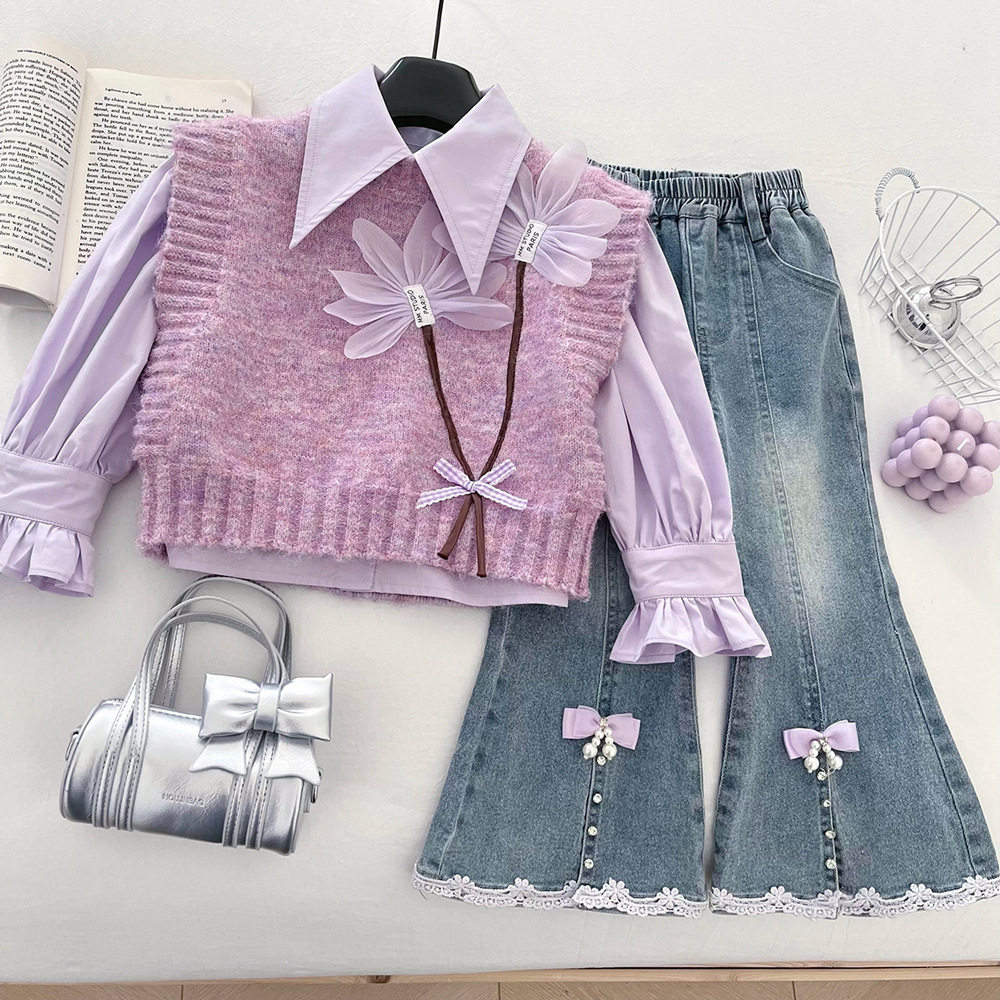 女童花朵针织马甲棉衬衫牛仔裤三件套2025秋季新款洋气喇叭裤套装,童装/婴儿装/亲子装,儿童运动套装,淘宝优惠券,粉丝福利购,淘宝优惠卷
