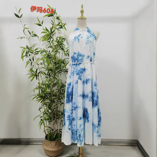 新款云南大理植物板蓝根手工扎染蓝色连衣裙文艺长裙吊带连衣裙