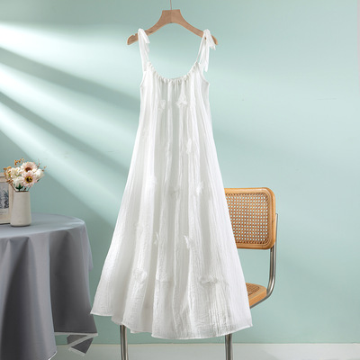 法式绑带连衣裙2025新款夏季女装海边甜美度假风立体蝴蝶白色裙子