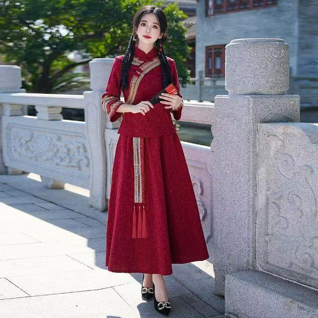 复古国风改良旗袍新款女士裙子两件套民族服饰广场舞跳舞裙子套装图片