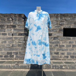 云南大理纯手工纯植物板蓝根扎染带袖连衣裙文艺新中式改良旗袍女