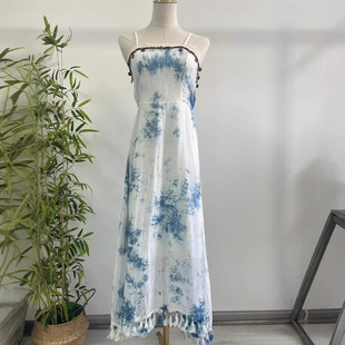 云南大理扎染吊带裙现货蓝染连衣裙旅游度假扎染连衣裙白裙子