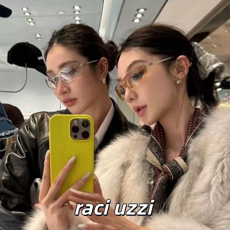 y2k复古无框太阳镜女欧美时髦椭圆形猫眼ins曲面墨镜网红时尚街拍