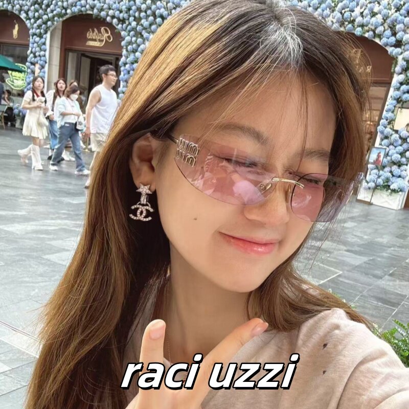 张元英同款未来感无框曲面A51墨镜女款粉色高级感防晒太阳镜窄版