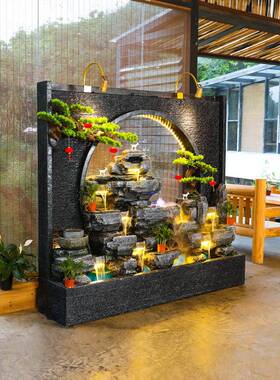 大型新中式水幕墙流水屏风玄关隔断室内客厅假山喷泉瀑布景观摆件