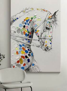 纯手绘油画动物马挂画5250启迪新中玄式竖版书房关饰玄幻壁画大装