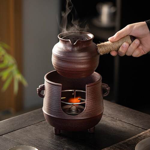 陶壶碳炉套装烤罐侧把壶围炉煮茶壶带过滤煮茶器粗陶明火烤茶