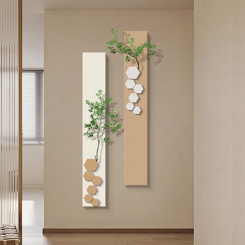 立体砂岩带绿植组合挂画奶油风竖版走廊尽头玄关装饰画过道长条画图片