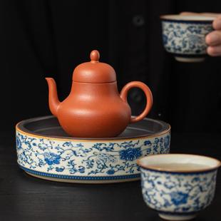 紫承中砂壶垫家用储水干泡台托盘 窑青花GR汝窑青缠枝汝莲陶瓷壶式