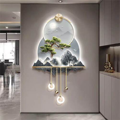 轻奢玄关装饰画新中式流水生财走廊尽头山水挂画入户正对门壁灯画