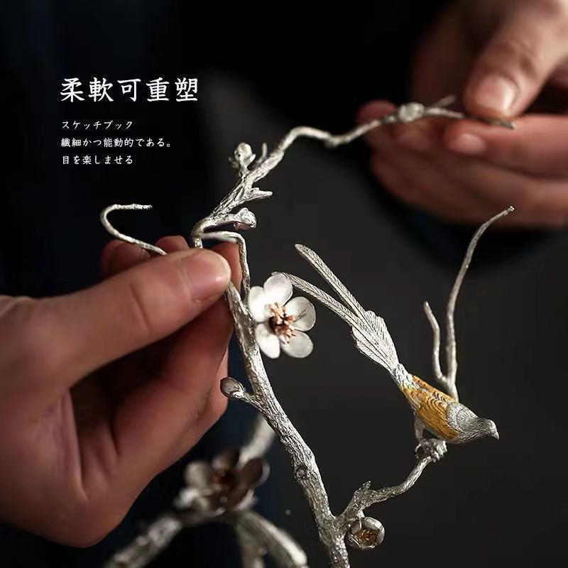 锡制手工树枝用香插日具式茶宠锡喜鹊登摆件件香座线香茶道禅意茶