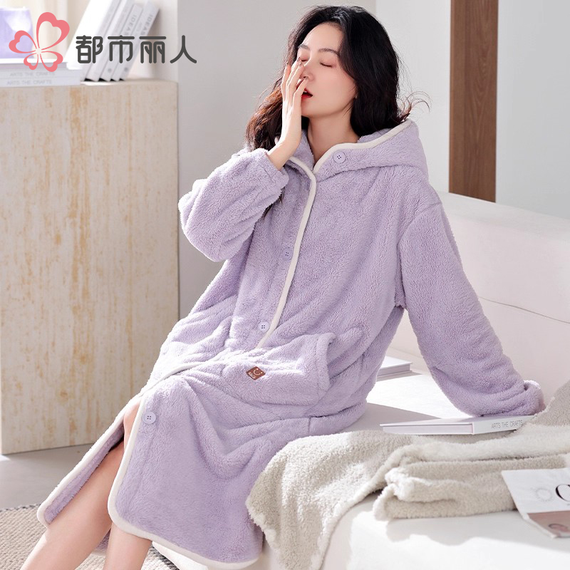 都市丽人冬季珊瑚绒加绒加厚睡袍