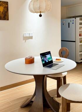 中古实木岩板餐桌圆桌代家用TGQ转盘小户型风式圆形现意饭桌简约