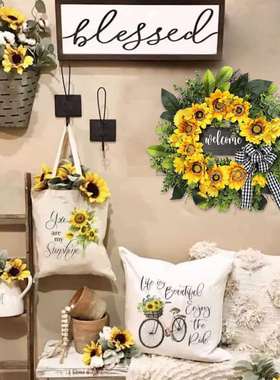 四季花环向5日葵白色绿色田园风欧客美花环仿真花4A080厘米庭厅院