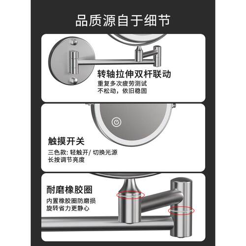 浴室化妆镜le伸d免打壁生挂缩折叠带灯镜子卫孔间双628面酒店梳新