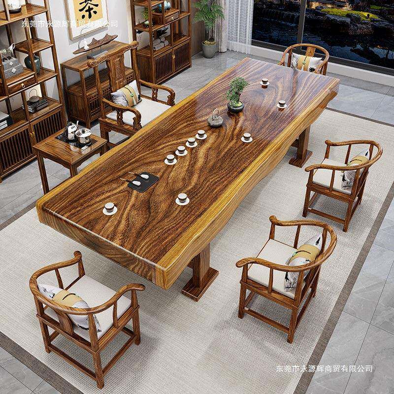 胡木实木板茶桌椅组一桌MYL五椅一合整套原木茶几家用办桃大公室