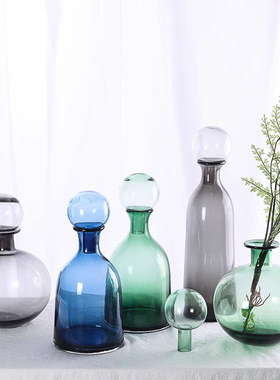 北欧轻奢几何创意玻璃花瓶灰色圆球带盖小口软装样板间摆件饰品花